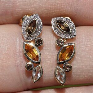 Vintage 14k Solid Gold Natural Citrine Aquamarine Quartz Diamond Dangle Earrings